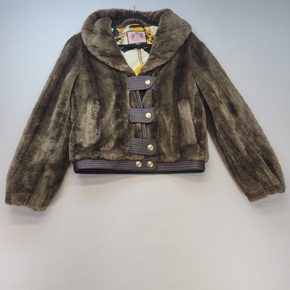 Juicy Couture Faux Fur Jacket Womens Medium Brown Y2K Quilted Lining Glam Bomber